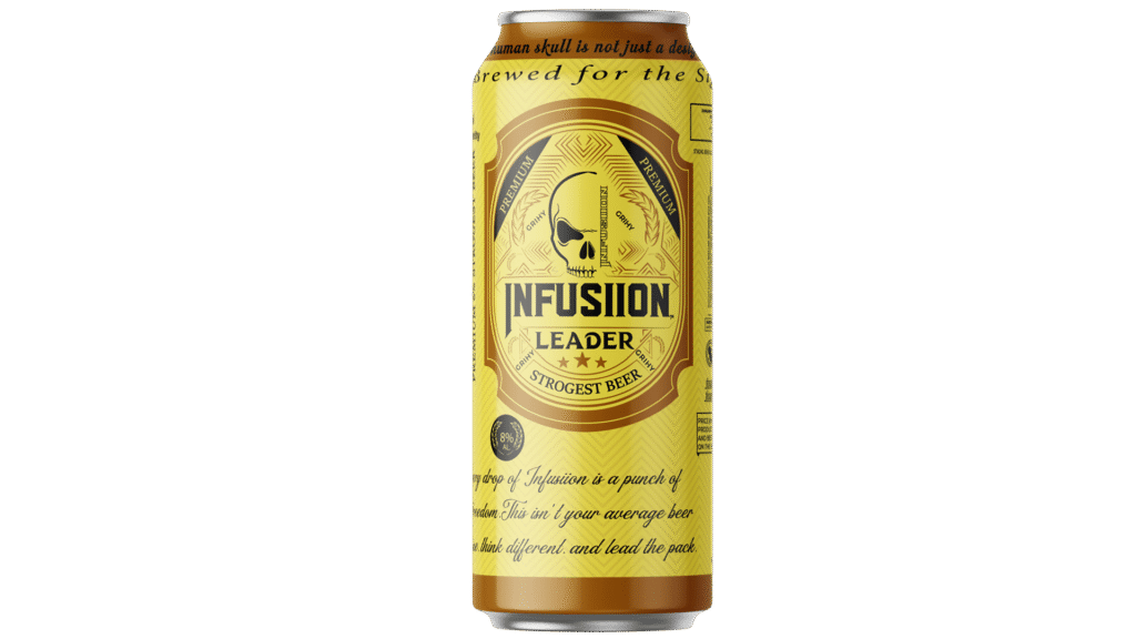 Leader Beer bottle served in a glass with golden foam on a bar counter