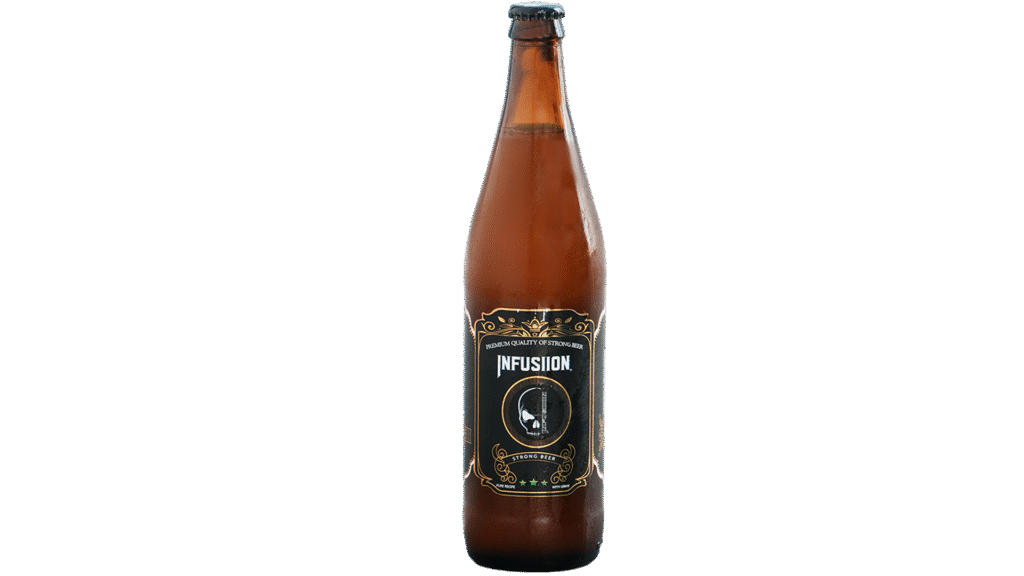 Bottle of Infusiion strong beers with a glass showing rich golden color and foam