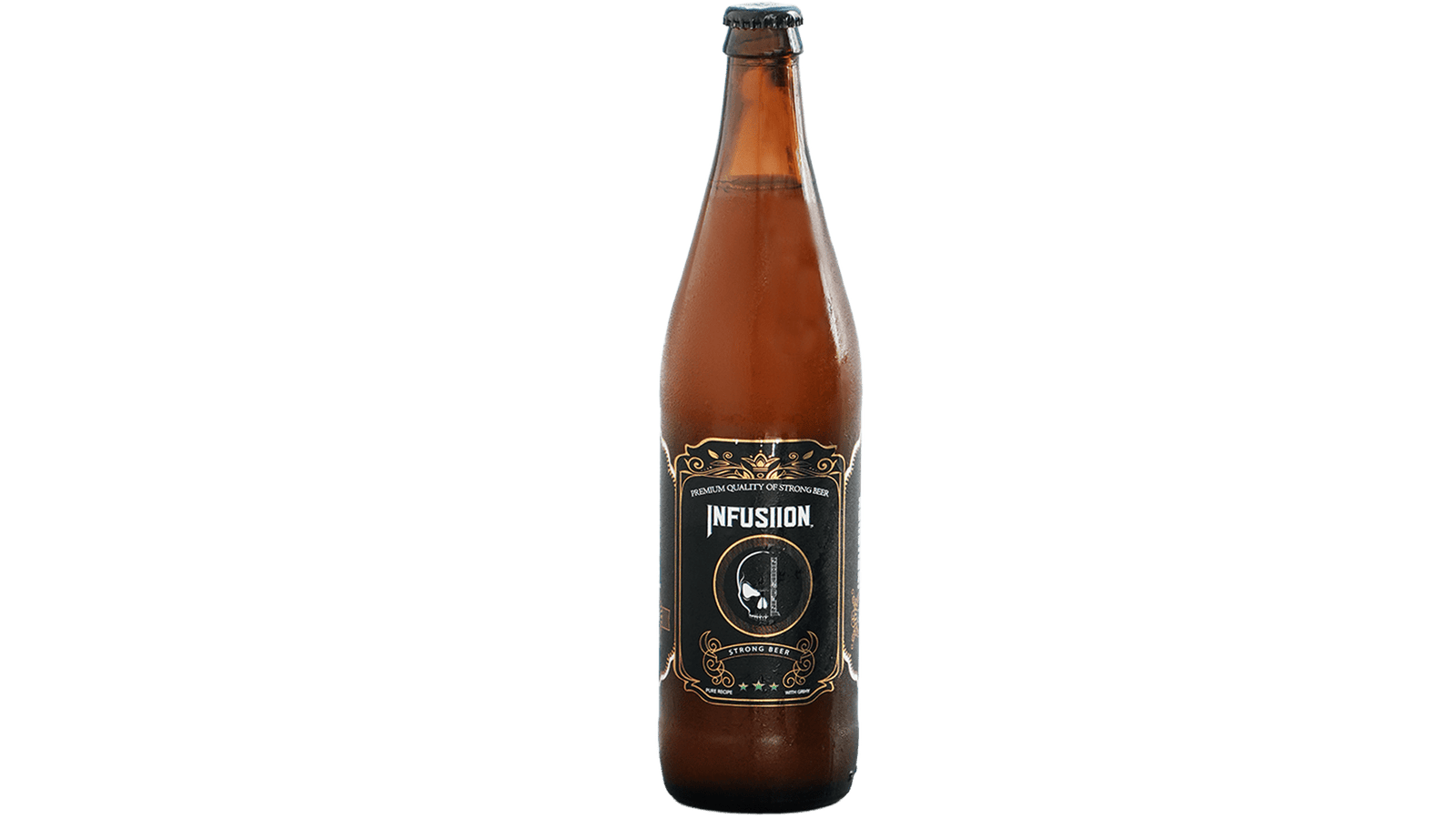 Bottle of Infusiion strong beers with a glass showing rich golden color and foam