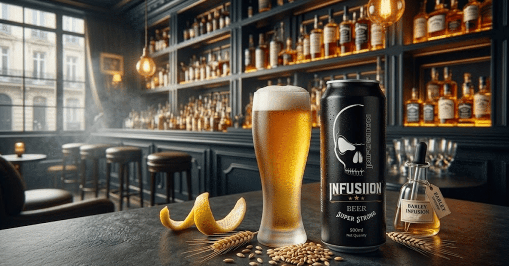 Infusiion strong beer bottle with a chilled glass of golden beer on a bar counter representing the best beer in India.