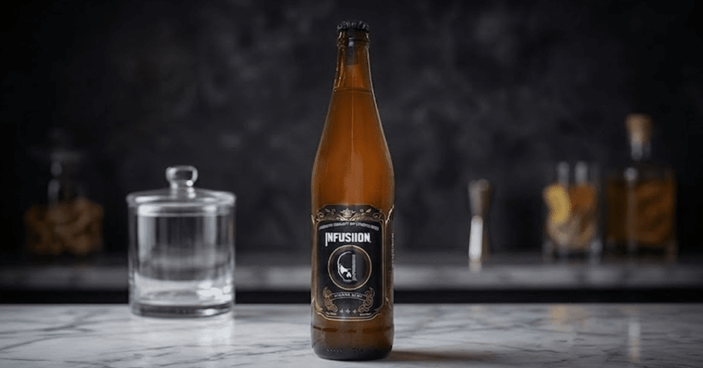 Infusiion Beer bottle with a glass showcasing strong beer in India with rich foam and golden color